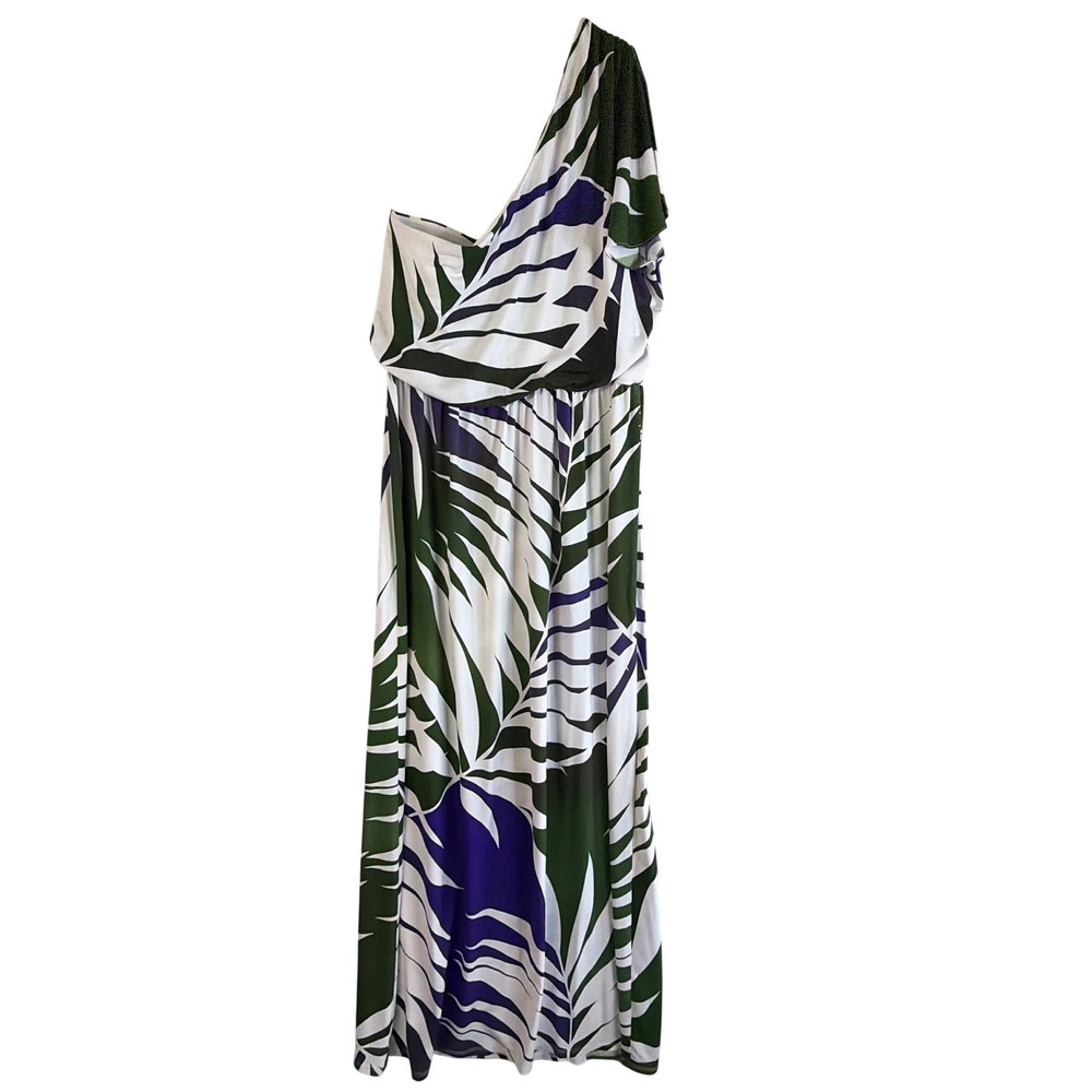 New Directions Womens One Shoulder Tropical Palm Leaf Maxi Dress Green Purple 12